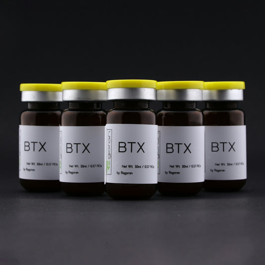 six jars of btx are lined up in a row